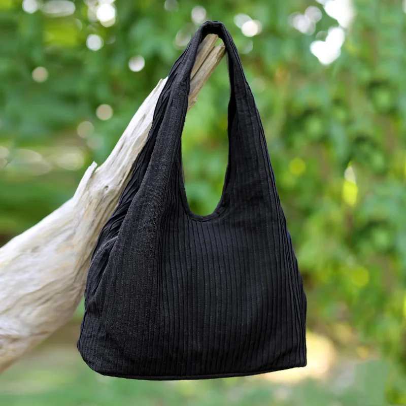 100% Cotton Textured Shoulder Bag in Black from Thailand - Thai Texture in Black