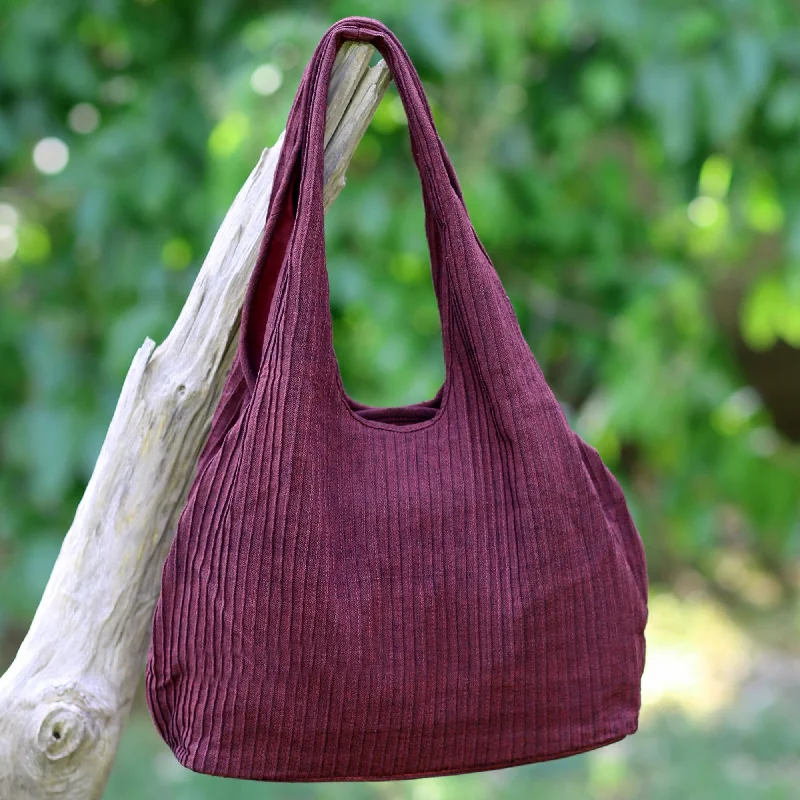 100% Cotton Textured Shoulder Bag in Wine from Thailand - Thai Texture in Wine