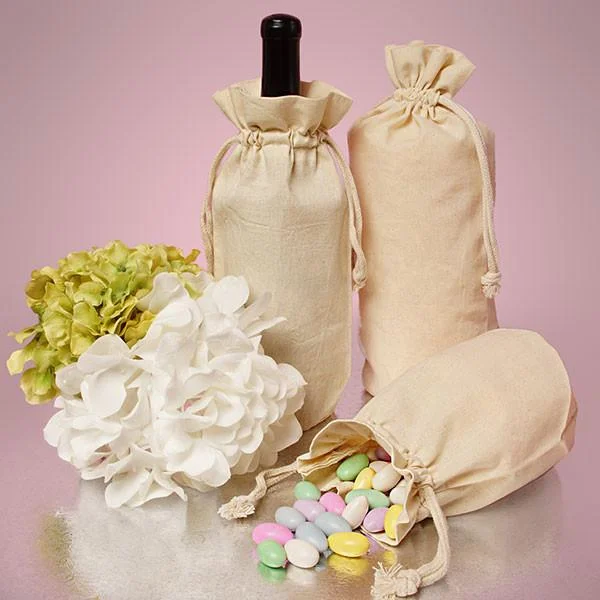 12 ct Single Bottle Natural Cotton Muslin Wine Bags with Drawstrings Closure - By Dozen