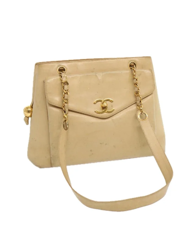 Authentic Chain Tote Bag in Beige Leather