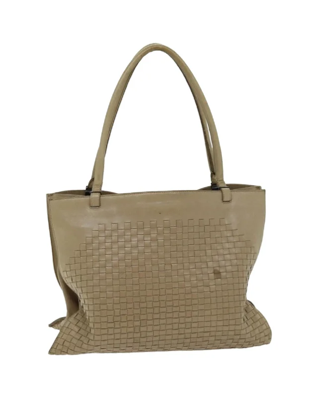 Beige Leather Intrecciato Tote Bag by Bottega Veneta