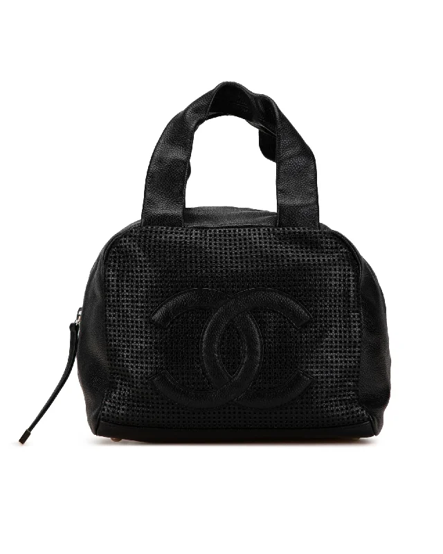 Perforated Caviar Leather Bowler Bag with Zip Closure