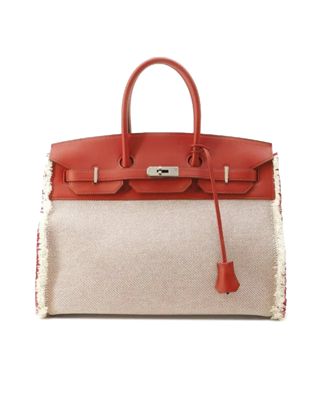 Canvas and Leather Birkin Handbag with Turn-Lock Closure