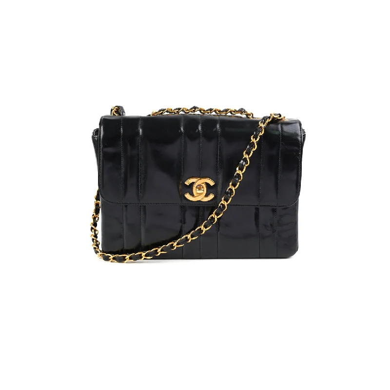 Chanel Vintage Vertical Half Flap Black Shiny Leather