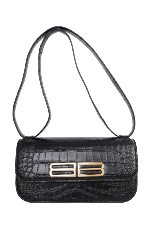 Balenciaga Black Calfskin Crocodile Embossed Medium Gossip Bag