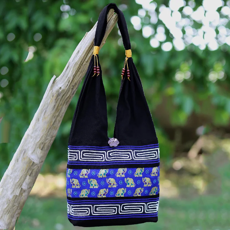 Black and Blue Cotton Blend Shoulder Bag from Thailand - Thai Siam