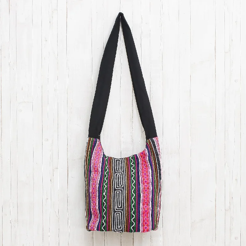 Black and Multi-Color Embellished Cotton Blend Shoulder Bag - Vibrant Energy