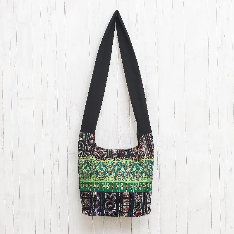 Black and Multi-Color Patterned Cotton Blend Shoulder Bag - Vibrant Gardens