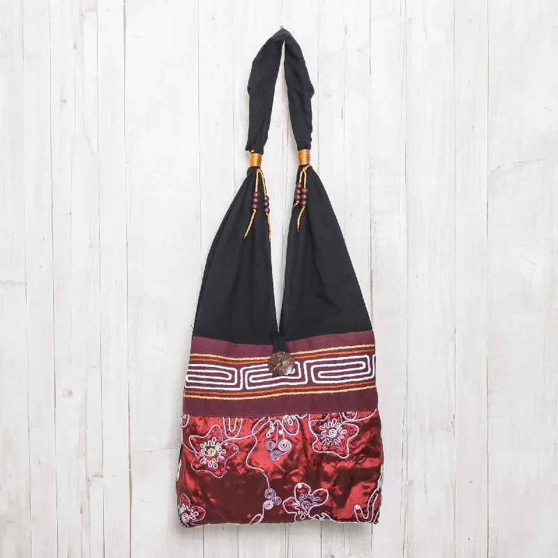 Black and Red Cotton with Floral Pattern Shoulder Bag - Glittering Red Flower