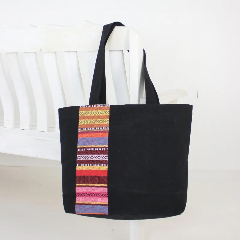 Black Cotton Tote Bag with Stripe Design from Thailand - Spring in Thailand