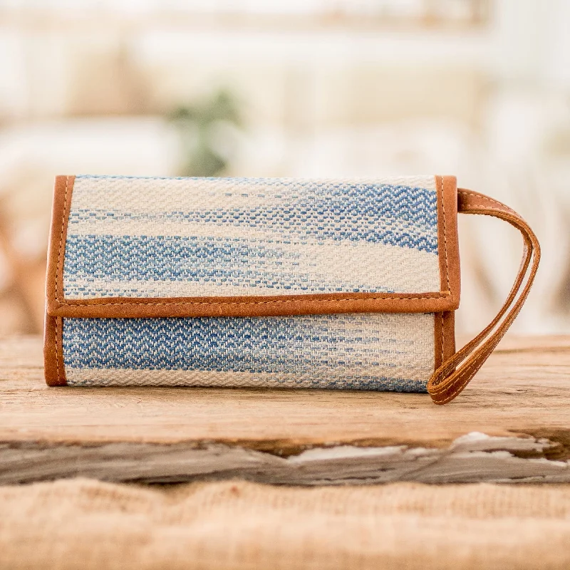 Blue & Ivory Hand-Woven Cotton Wristlet with Leather Accents - Colors of Tradition in Blue