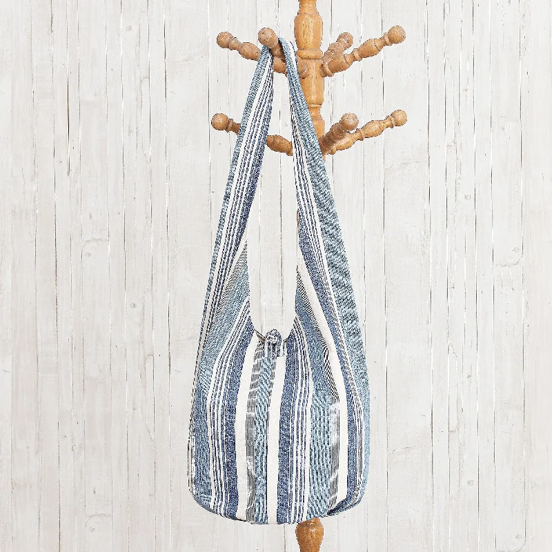 Blue and White Striped Cotton Hobo Handbag - Blue Mood