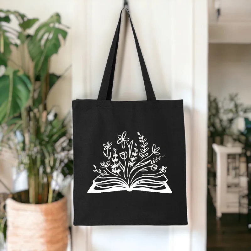 Botanical Library Bookish Flowers Canvas Tote Bag