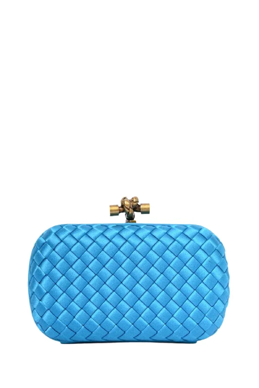 Bottega Veneta Blue Intrecciato Woven Satin Knot Clutch