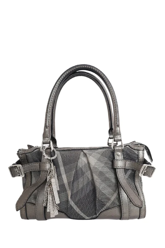 Burberry Metallic Grey Shimmer Beat Check Canvas and Leather Lowry Tote with Strap