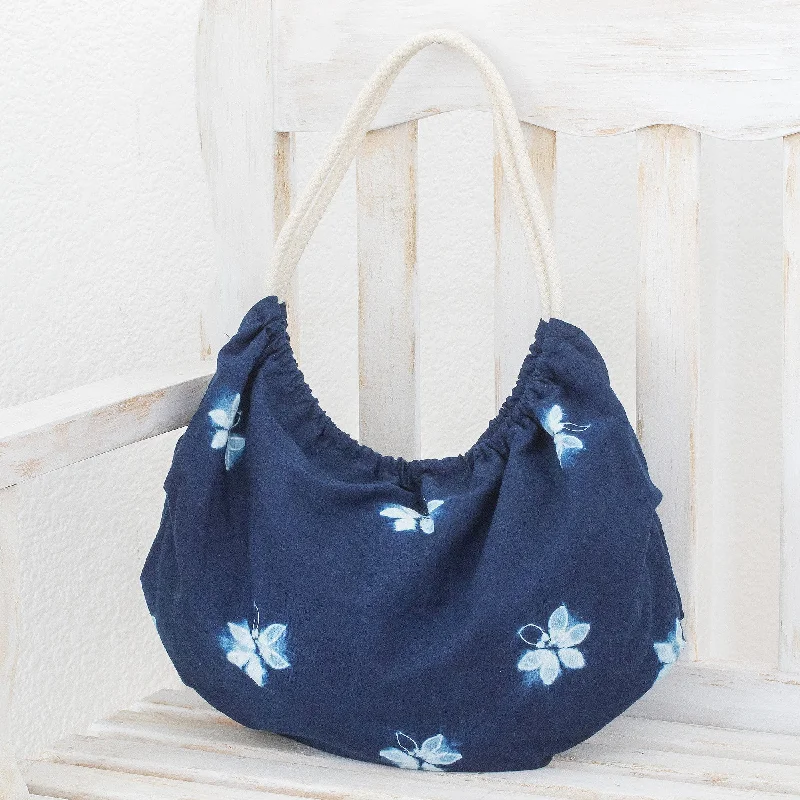 Butterfly-Themed Indigo Cotton Hobo Shoulder Bag - Indigo Hope