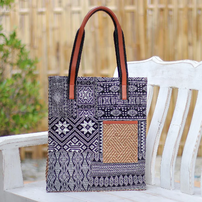 Cotton Blend Geometric-Motif Tote Bag - Happy Day in Black