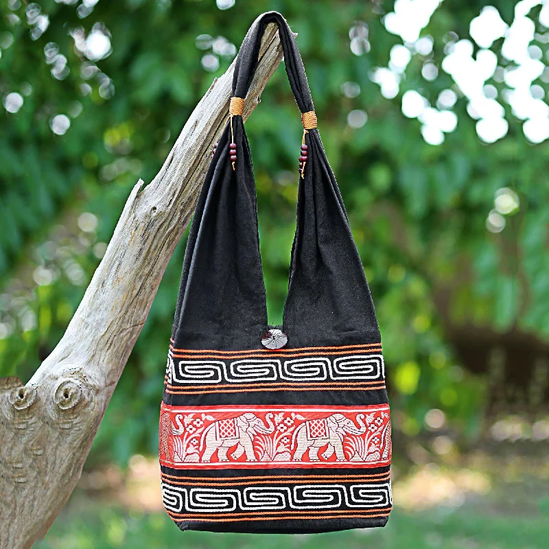 Cotton Blend Shoulder Bag Black Vermilion from Thailand - Thai Elephants in Vermilion