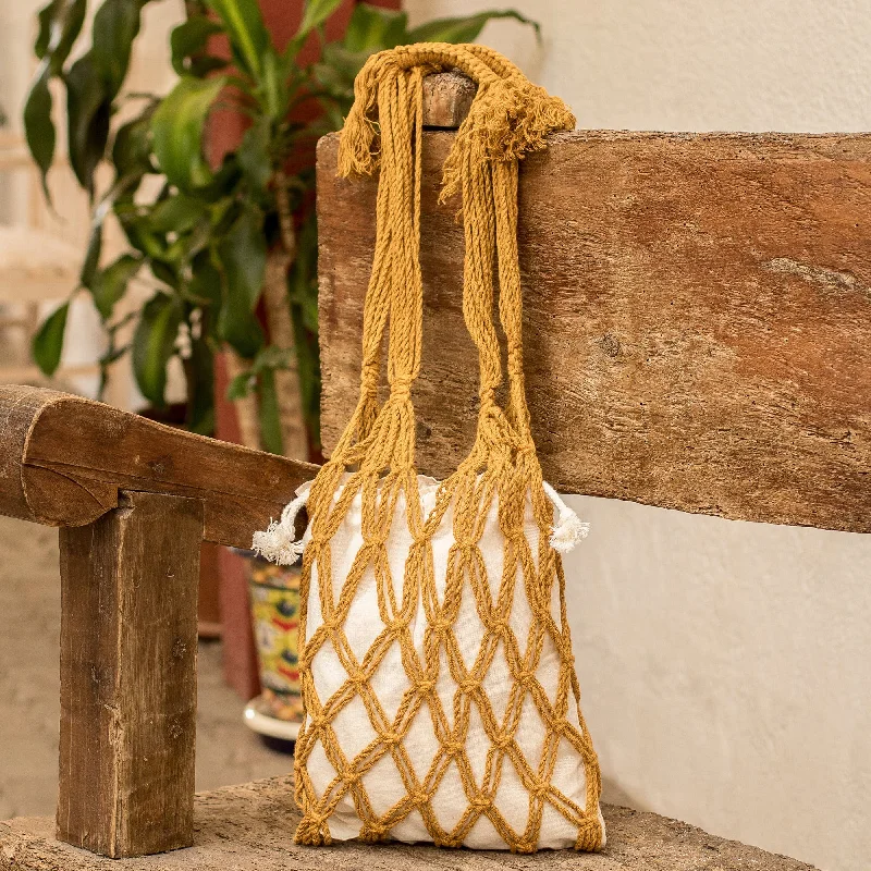 Cotton Macrame Tote Bag in Ivory and Honey from El Salvador - Happy Day