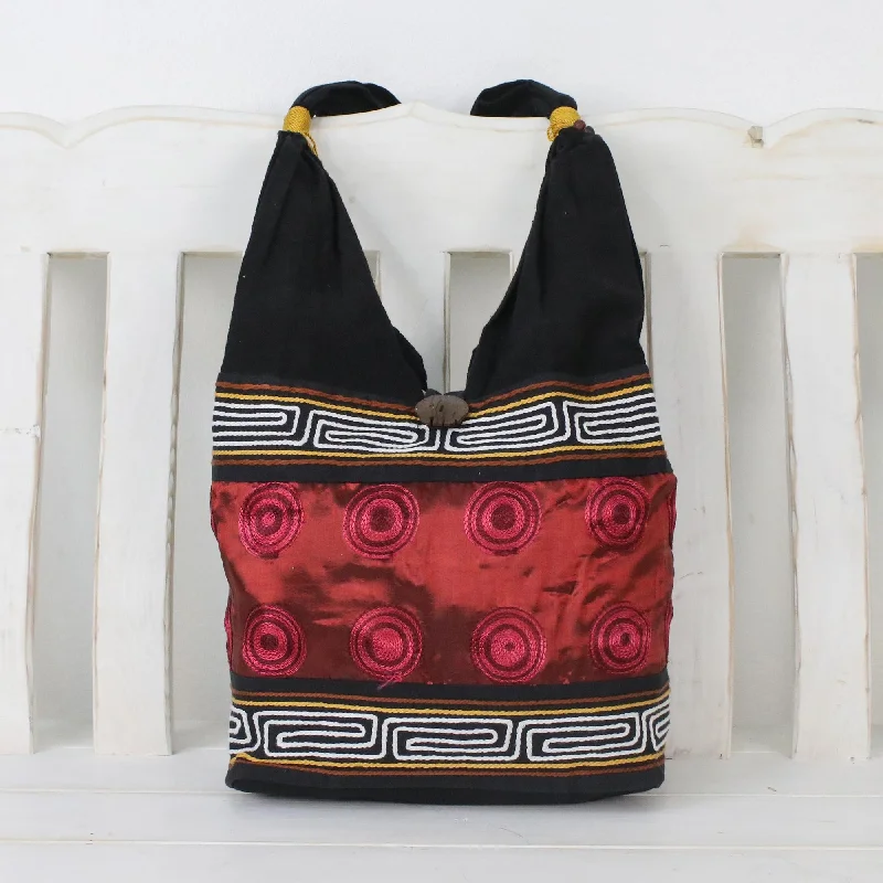 Cotton Thai Style Shoulder Bag in Crimson and Black - Crimson Wine