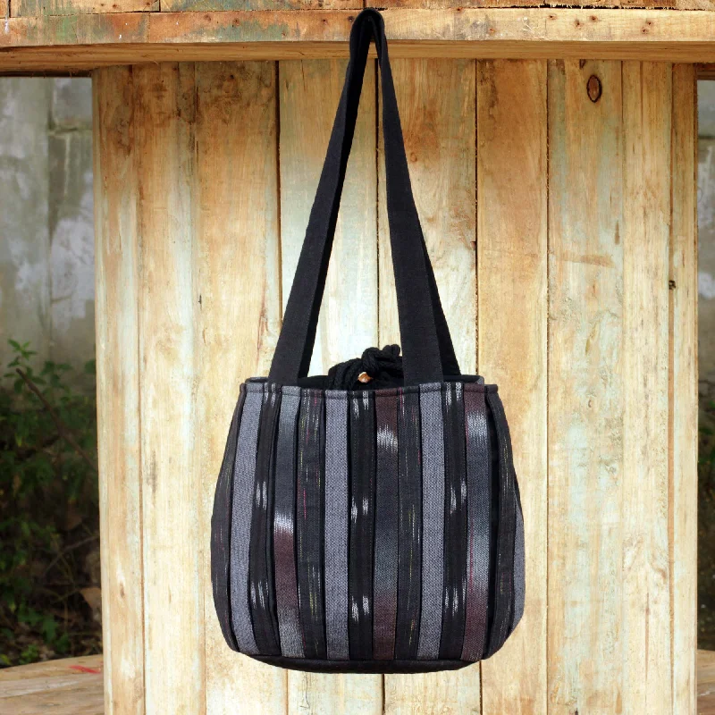 Dark Ikat Style Hand Woven Cotton Shoulder Bag with Pockets - Orient Black