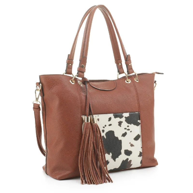 EJ91503C Cow Front Pocket Fashion Tote With Tassel