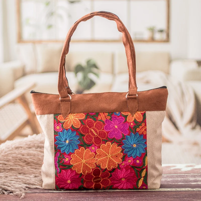 Embroidered Floral Cotton Shoulder Bag in Ivory and Brown - Art & Elegance