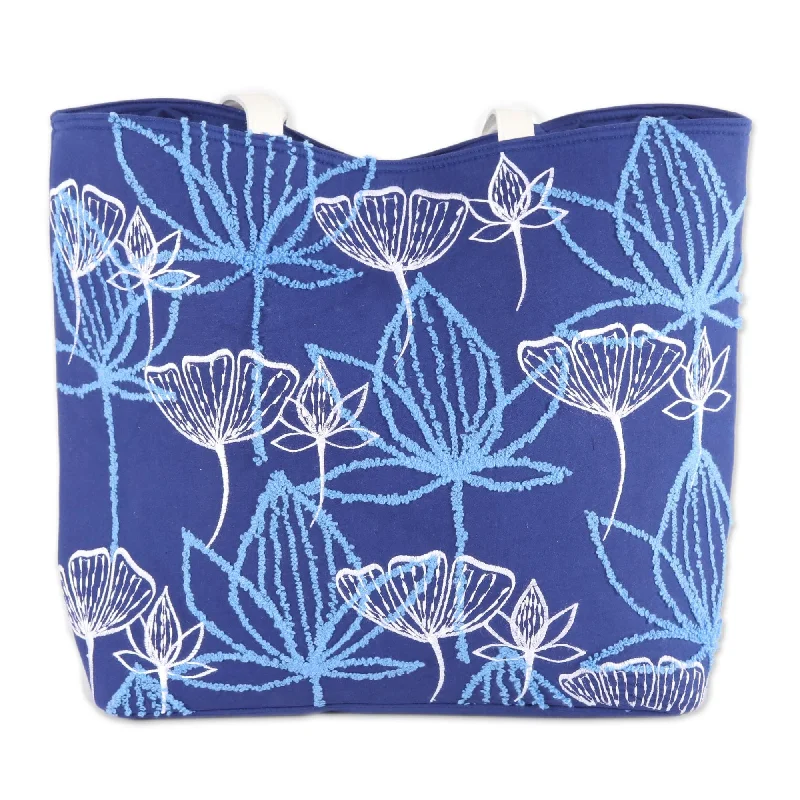 Embroidered Floral Cotton Tote in Lapis - Lapis Garden