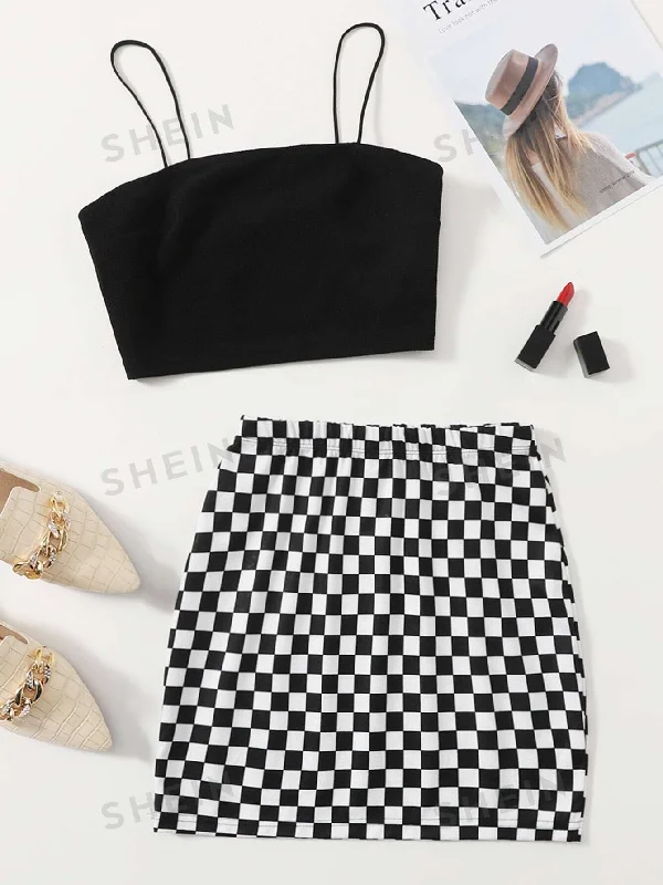 Essnce Solid Crop Cami Top & Checked Print Skirt