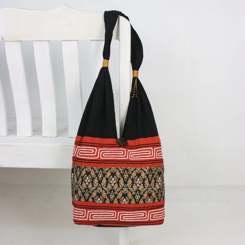 Floral Cotton Blend Shoulder Bag in Paprika from Thailand - Charming Thai in Paprika