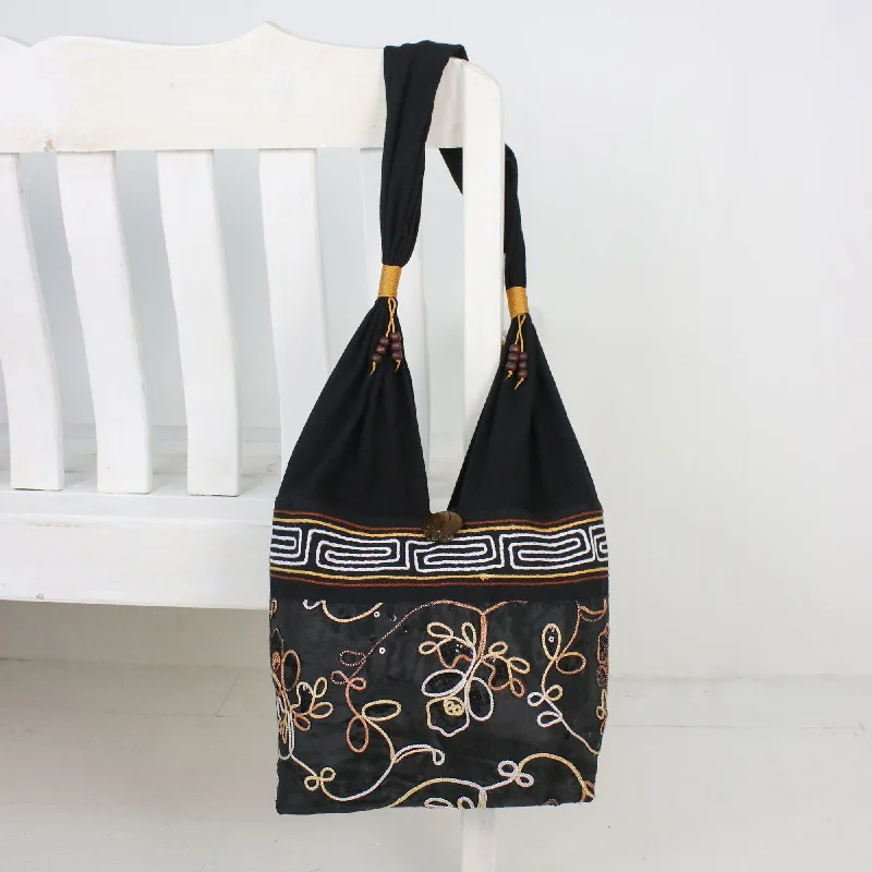 Floral Cotton Shoulder Bag from Thailand - Floral Nighttime