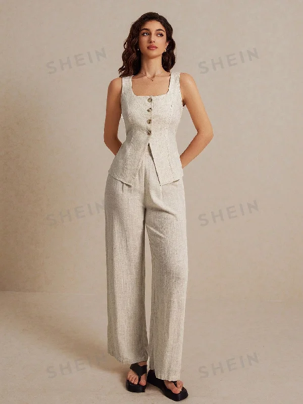 Frenchy Summer Linen Color  Linen Suit Vest Two-Piece Set