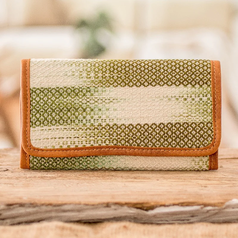 Green and White Hand-Woven Cotton Wallet with Leather Trim - Colors of Tradition in Green