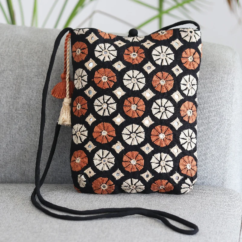 Hand-Embroidered Cotton Sling Bag from India - Spinning Blossoms