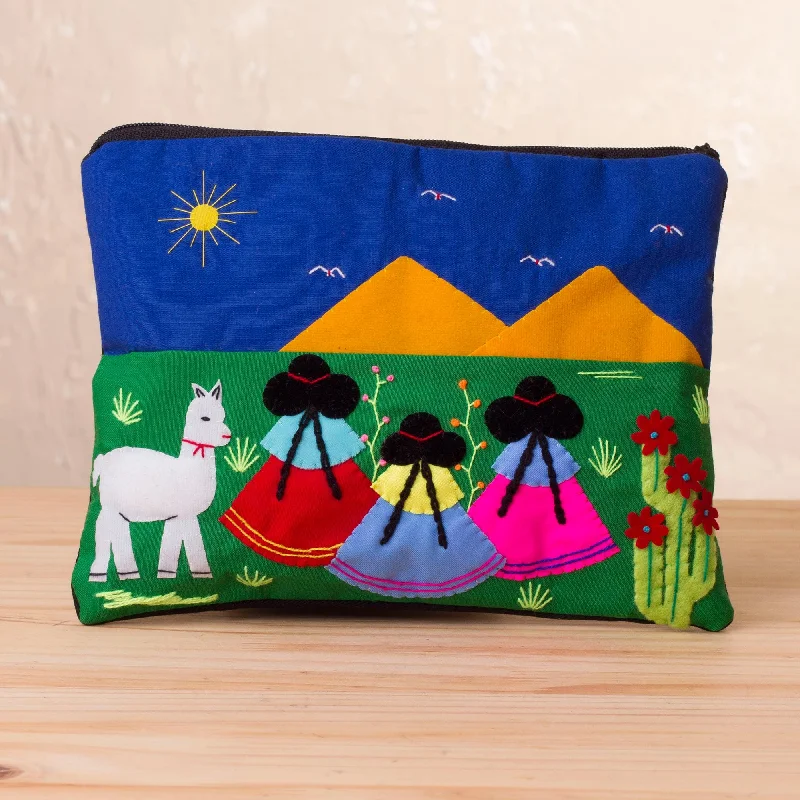 Handcrafted Cotton Blend Patchwork Cosmetic Bag from Peru - Walk in the Countryside