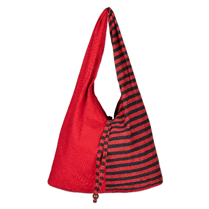 Handcrafted Red Striped Cotton Shoulder Bag from Java - Red Lurik