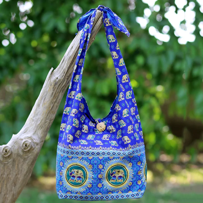 Handmade Blue Cotton Shoulder Bag with Elephant Motif - Royal Thai Elephant