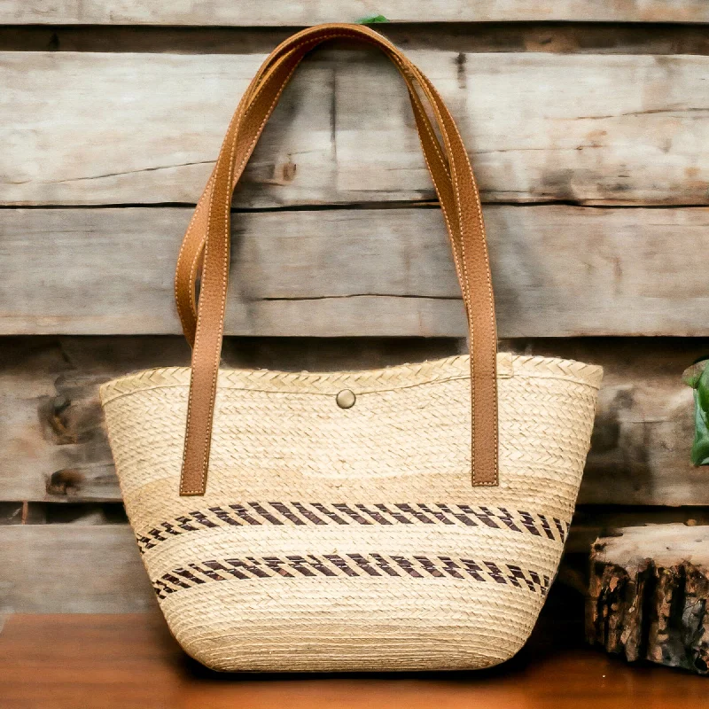 Handmade Natural Fiber Shoulder Bag with Brown Stripes - Sun & Evening