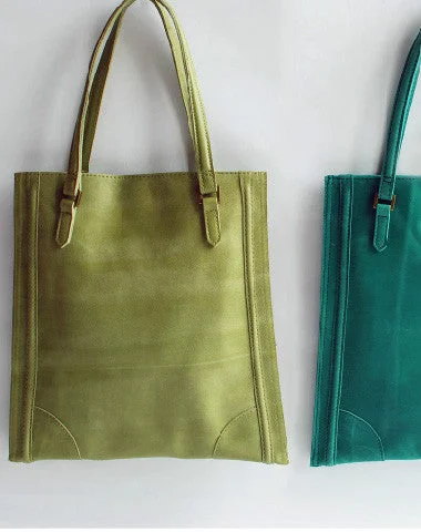 Handmade vintage modern green leather small tote shoulder bag handbag for women