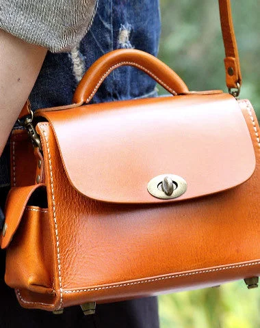 Handmade vintage satchel leather normal messenger bag orange shoulder bag handbag for women