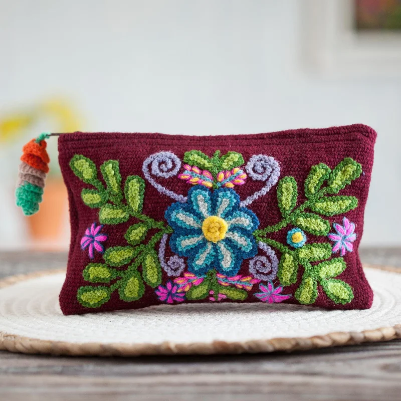 Handwoven Floral Wool Clutch in Maroon from Peru - Peruvian Garden