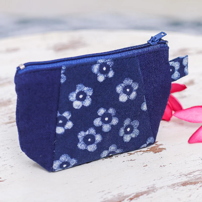 Indigo Cotton Coin Purse with Batik Floral Pattern - Indigo Blooms