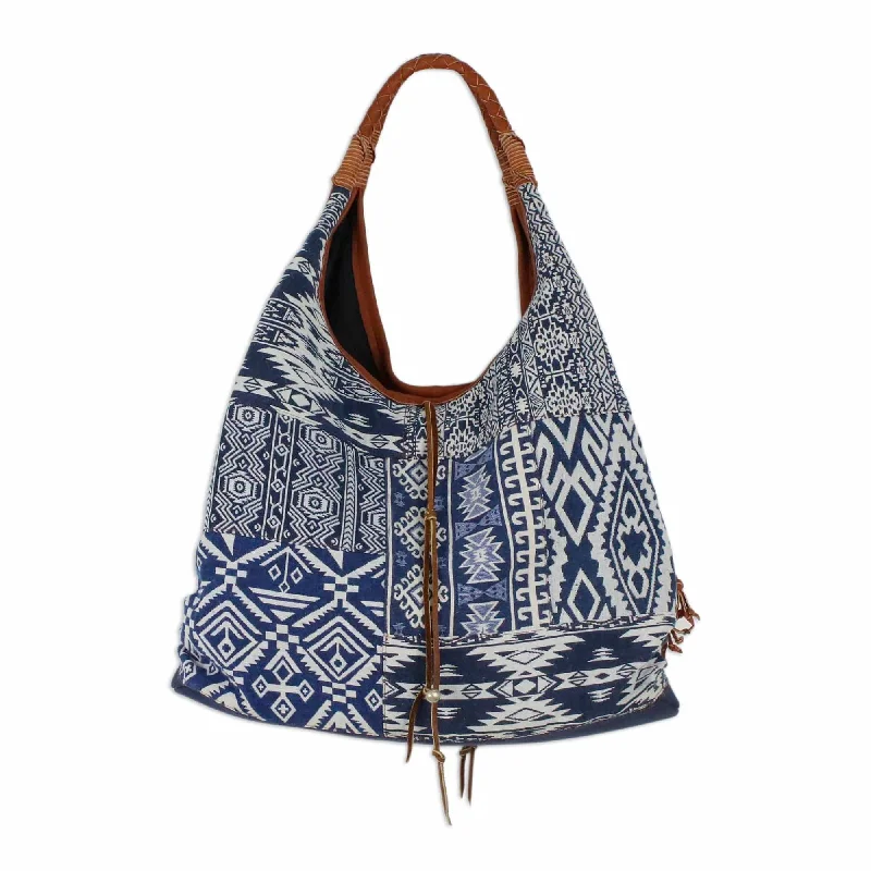 Leather Accent Cotton Blend Hobo Bag in Lapis and White - Lapis Geometry