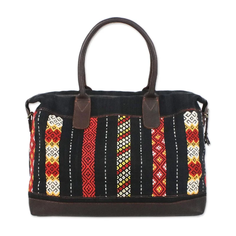 Leather Accent Tribal Cotton Shoulder Bag - Naga Midnight