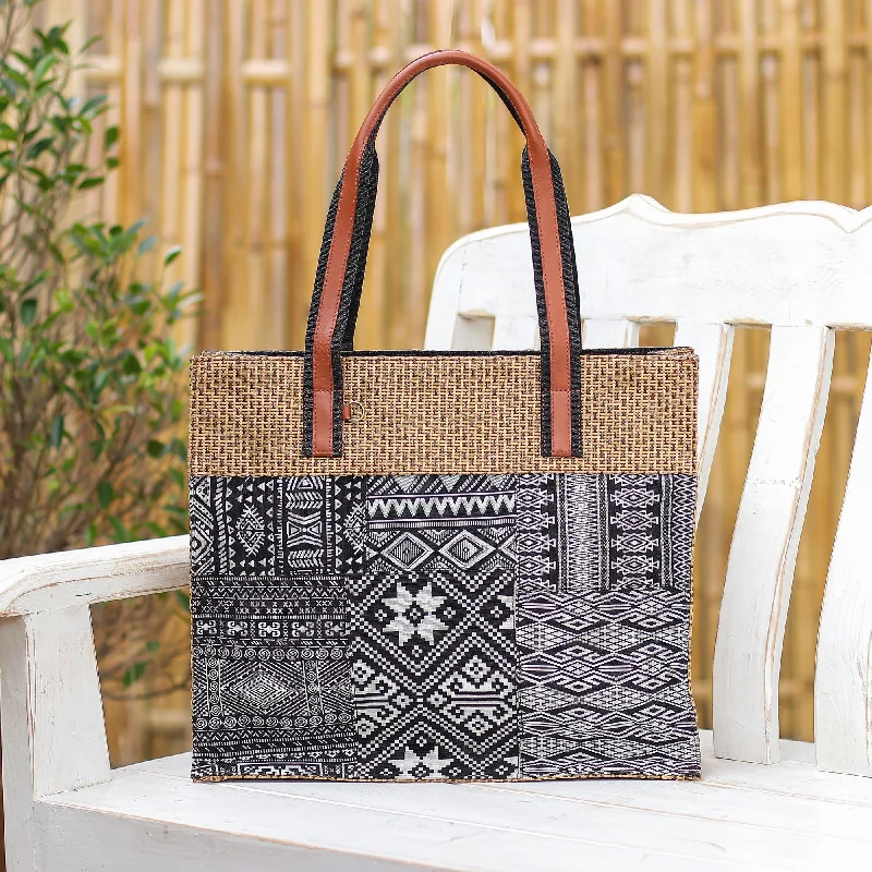 Leather-Accented Patchwork Tote Bag - Chill Night in Black