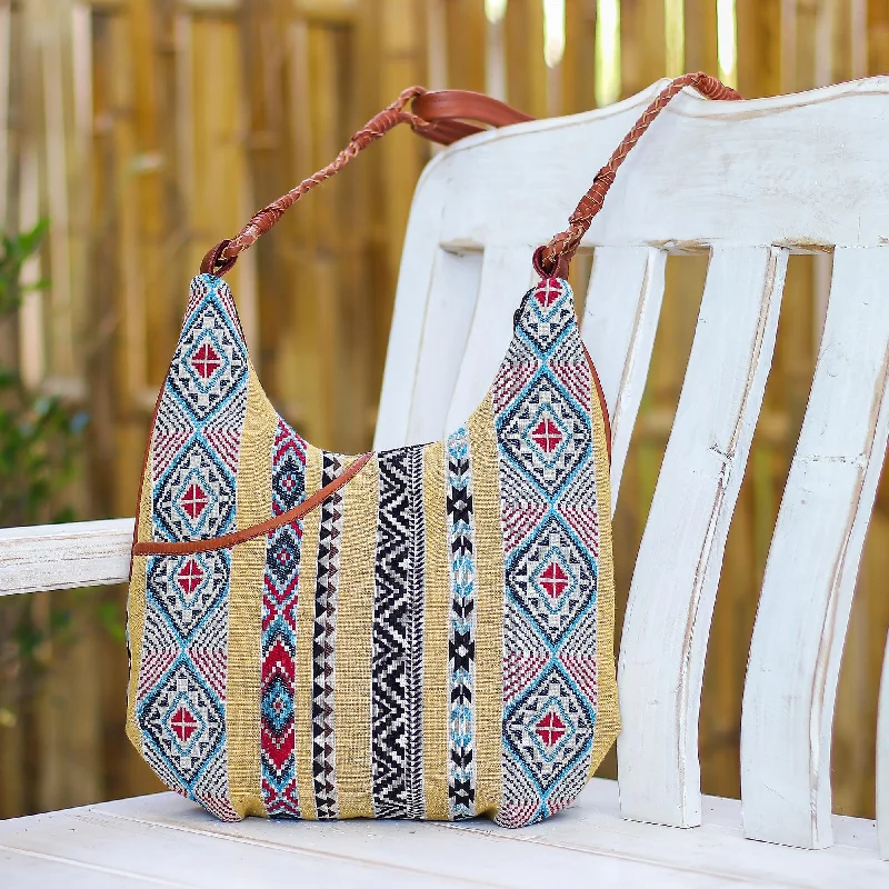 Leather-Accented Yellow Cotton Sling Bag - Fabled Land in Yellow