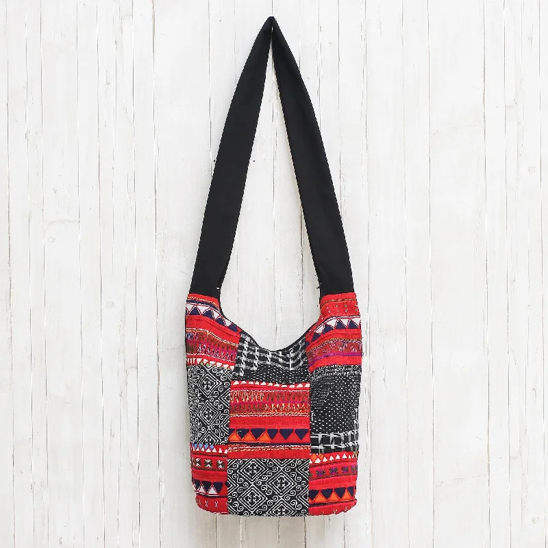 Red and Black and White Patchwork Cotton Blend Shoulder Bag - Patchwork Perfection