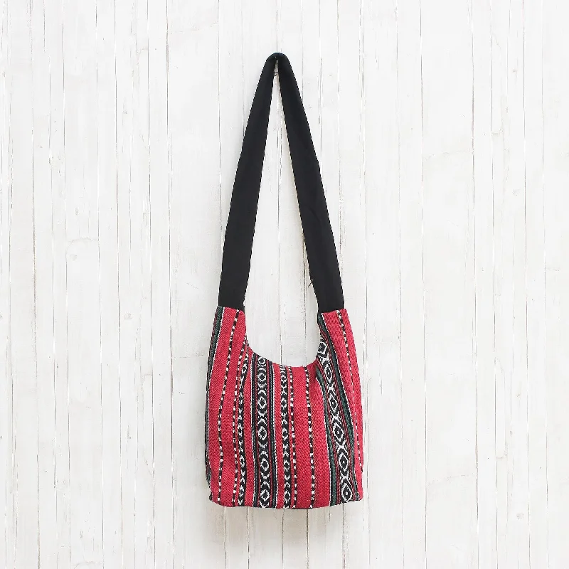 Red Black and White Handwoven Cotton Blend Shoulder Bag - Woven Cheer