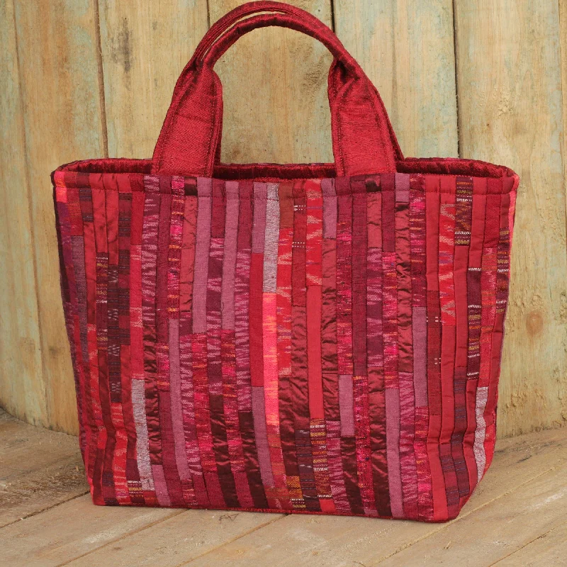 Red Hill Tribe Silk Patterned Tote Bag with Inner Pockets - Exotic Red