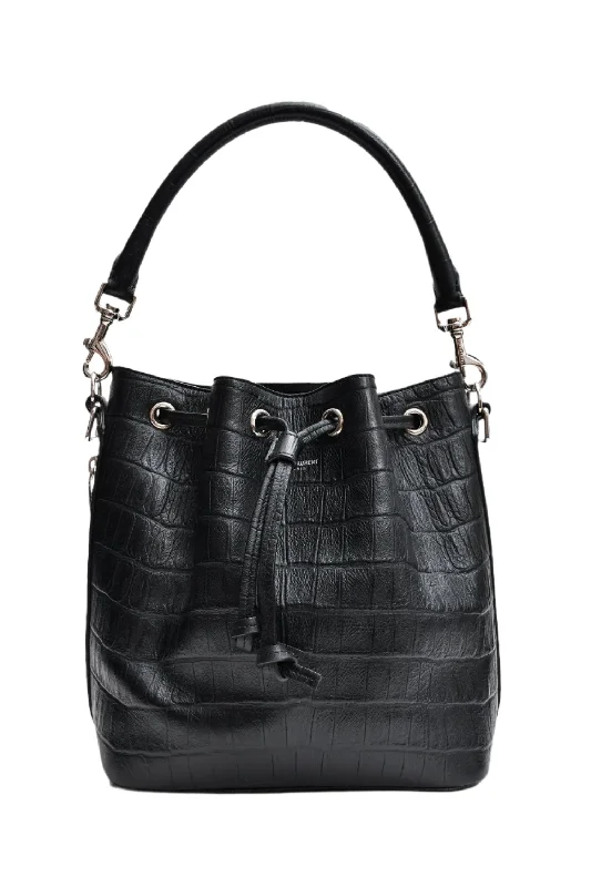 Saint Laurent 2015 Black Croc Embossed Leather Emmanuelle Bucket Bag